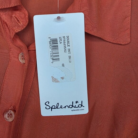 Splendid Shirt Womens XS Orange Double Pocket Button Up Sheer Rayon Blouse Top - Picture 3 of 13